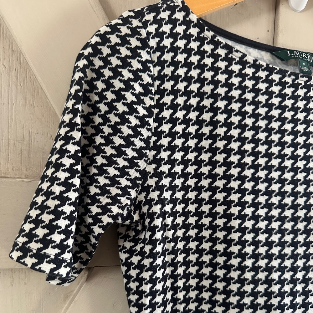 Lauren Ralph Lauren Houndstooth Top Medium Black White Cotton Knit Shirt - Picture 3 of 5